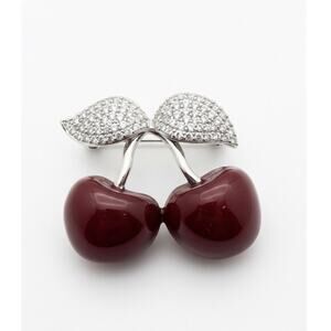 Elegant Gold Plated Apple Brooch Pin for Women Red Apples & White Crystals